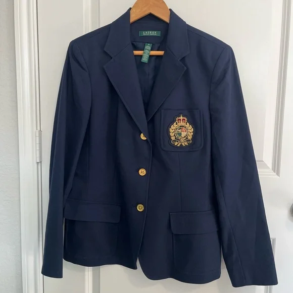 VTG LRL Ralph Lauren Womens Blazer Navy Crest & Crown Cotton Jacket Sz 12 Y2K - Picture 5 of 12